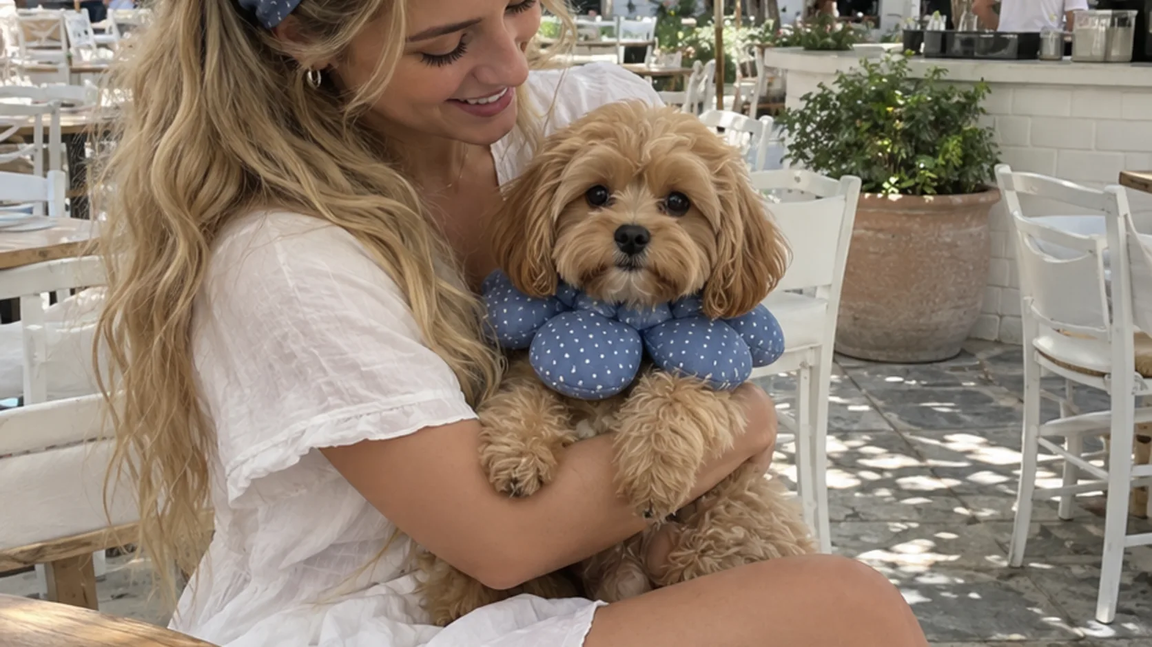 Person holding a small curly-haired dog at a sunlit cafe courtyard