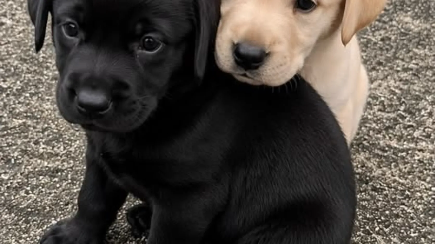 One black Labrador puppy and one yellow Labrador puppy sitting close together on pavement