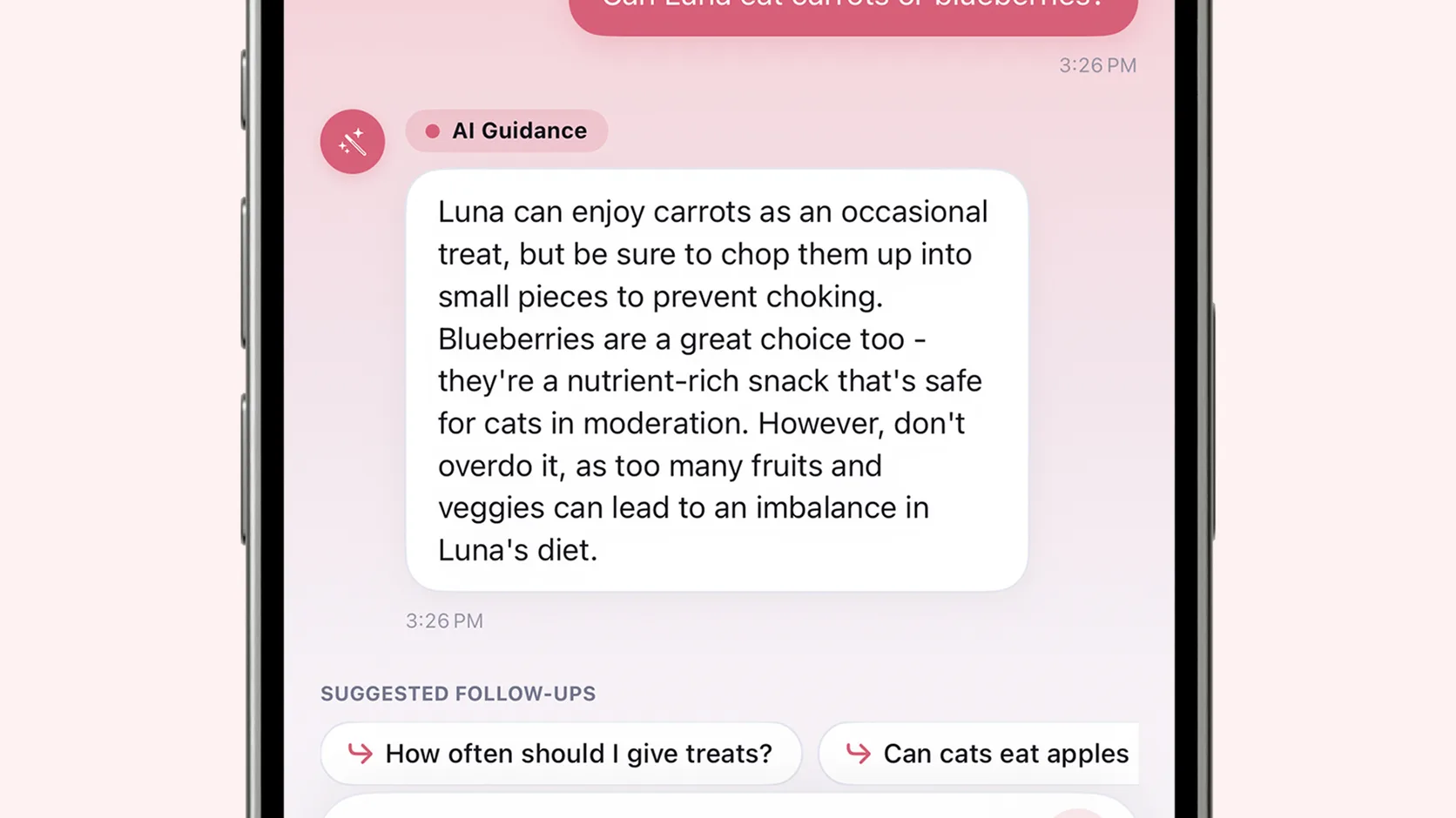 Petive’s Luna assistant conversation interface on an iPhone