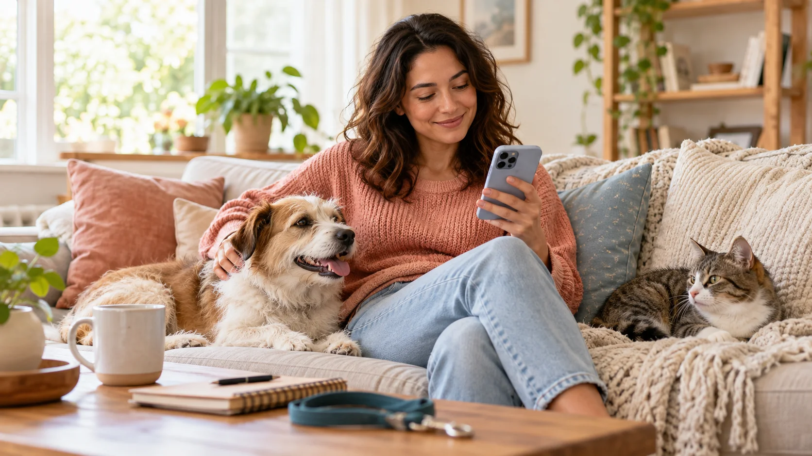 Pet owner comparing pet care apps at home with a dog and cat nearby