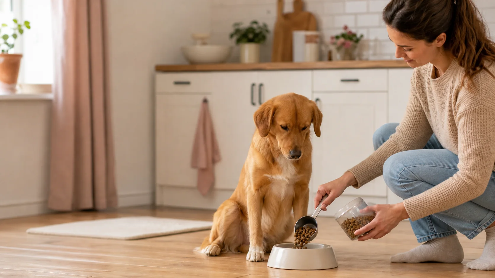 Dog owner measuring dry food into a bowl for a golden-brown dog
