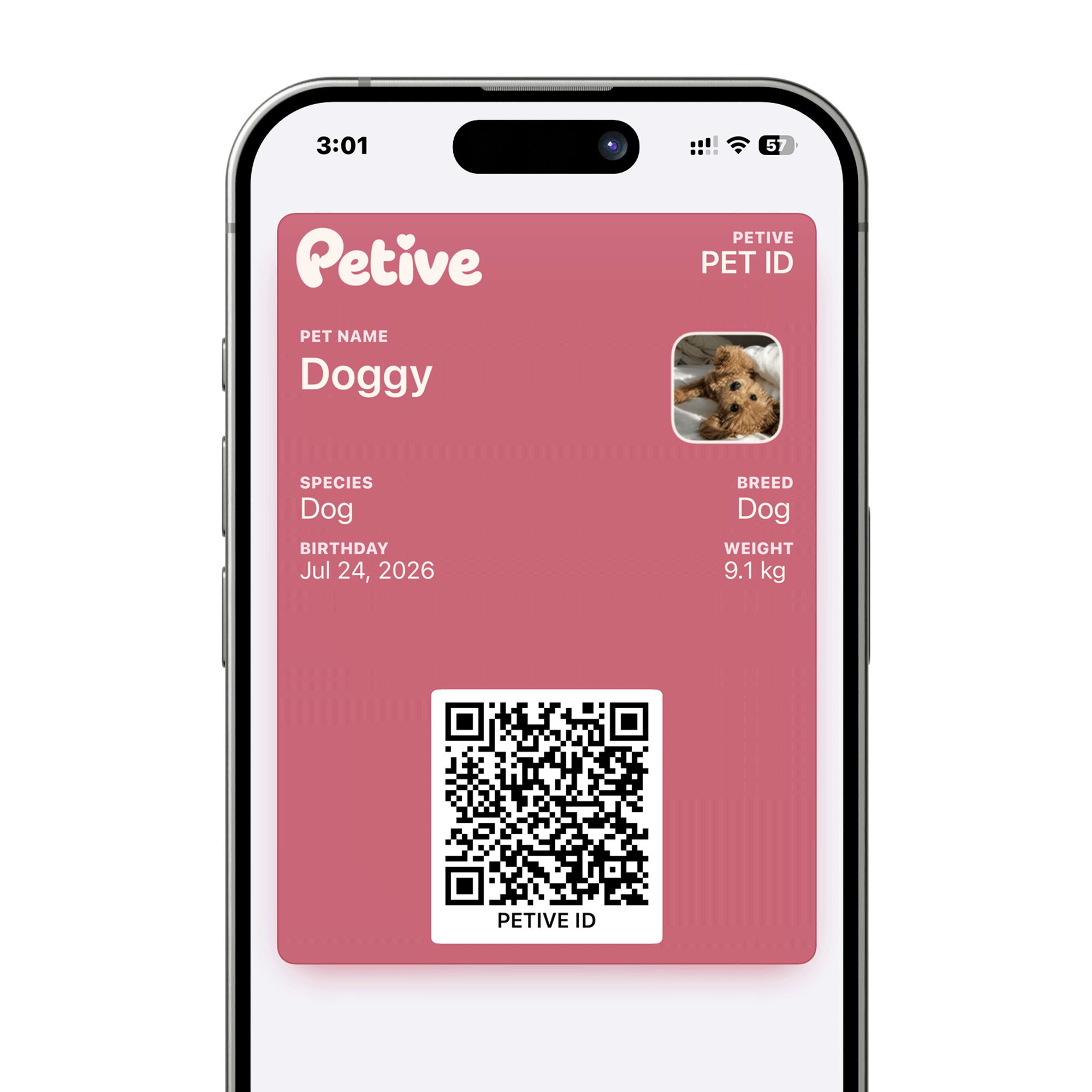 Petive Apple Wallet pet ID pass showing a pet photo and profile details