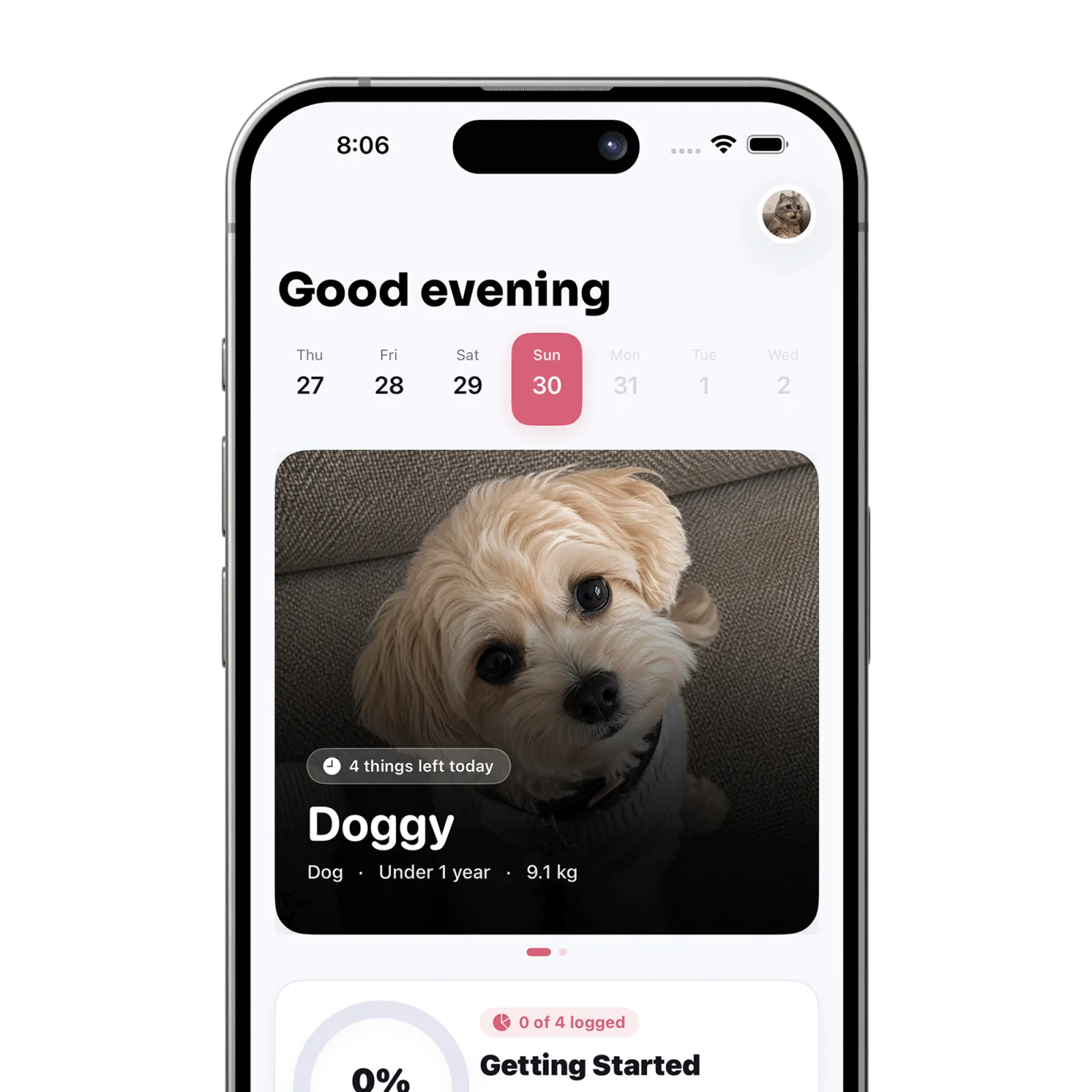 Petive iPhone home screen showing a dog profile and remaining daily care