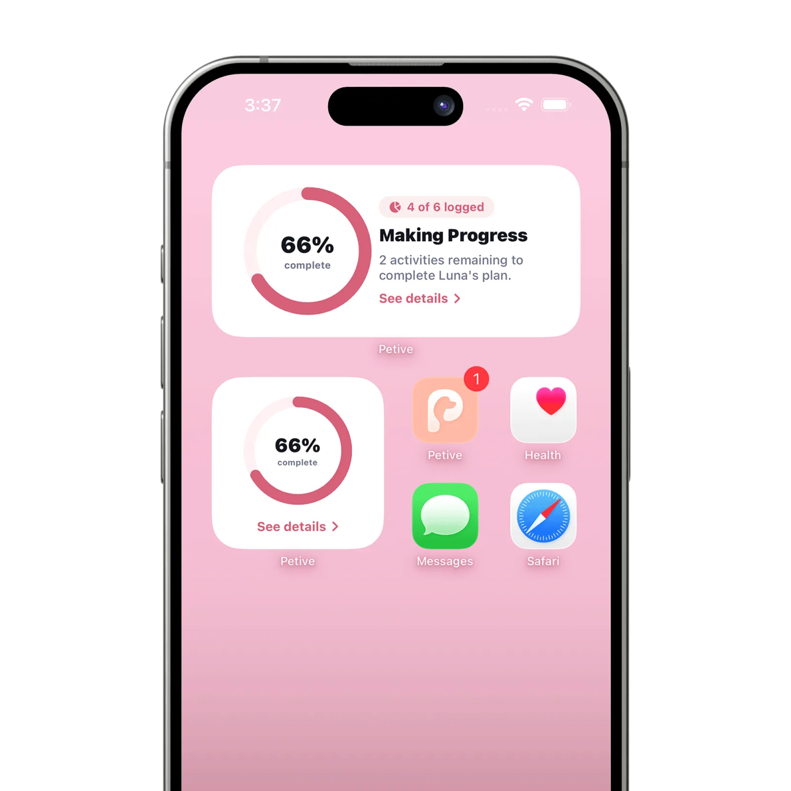 Petive Home Screen widgets showing daily pet care progress on an iPhone