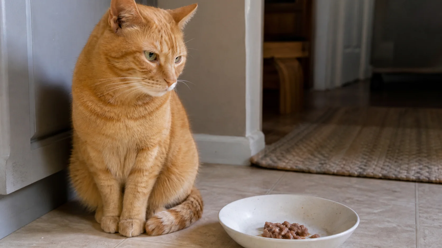 Cat turning away from a familiar food bowl while an owner observes nearby