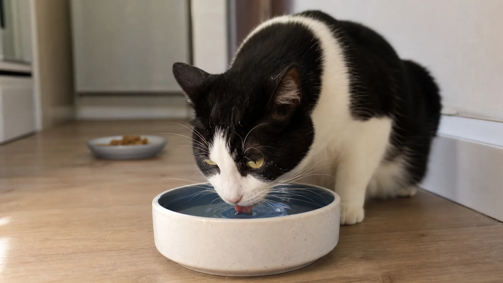 Cat drinking from a wide clean water bowl in a quiet part of the home