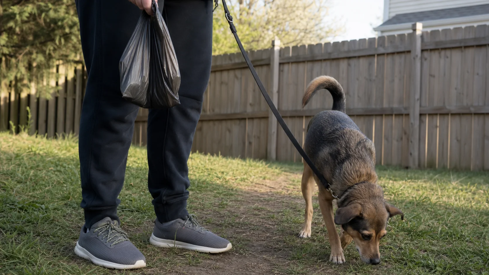 Dog owner holding a waste bag during a routine neighborhood walk