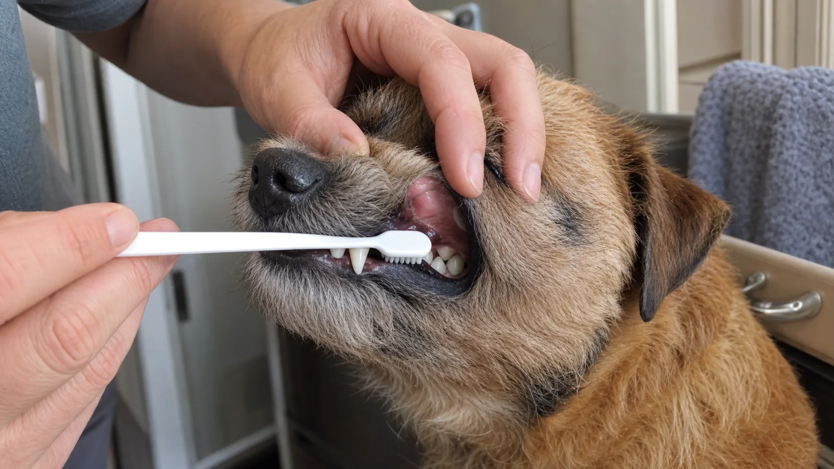 Dog calmly accepting a pet toothbrush during a short home dental-care session