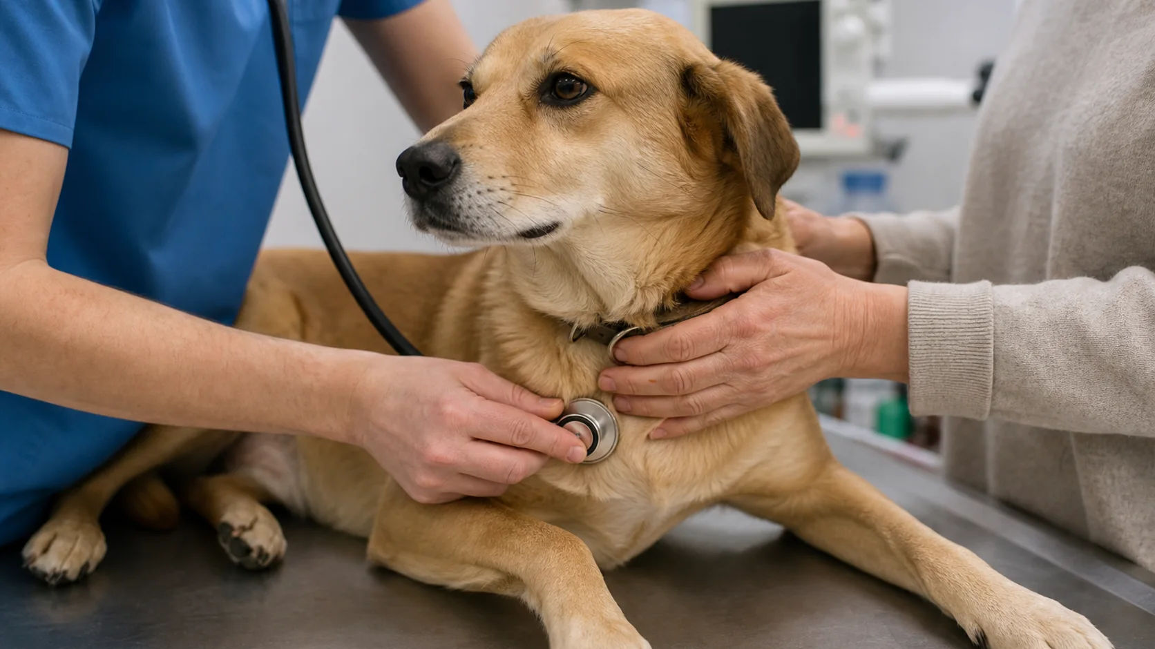 Veterinarian performing a calm wellness examination with a dog and cat owner