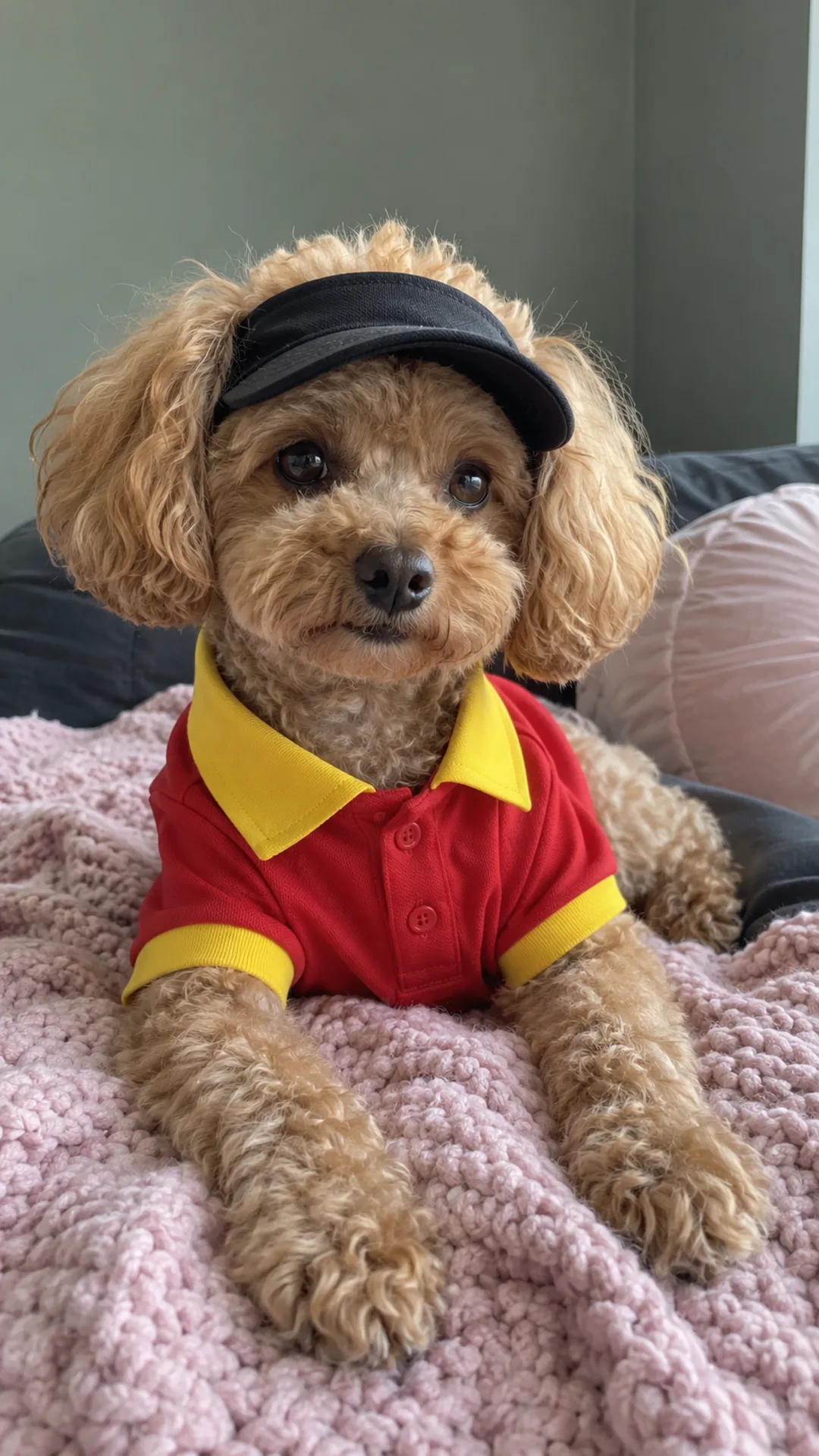 Apricot poodle wearing a black visor and a red polo shirt on a sofa