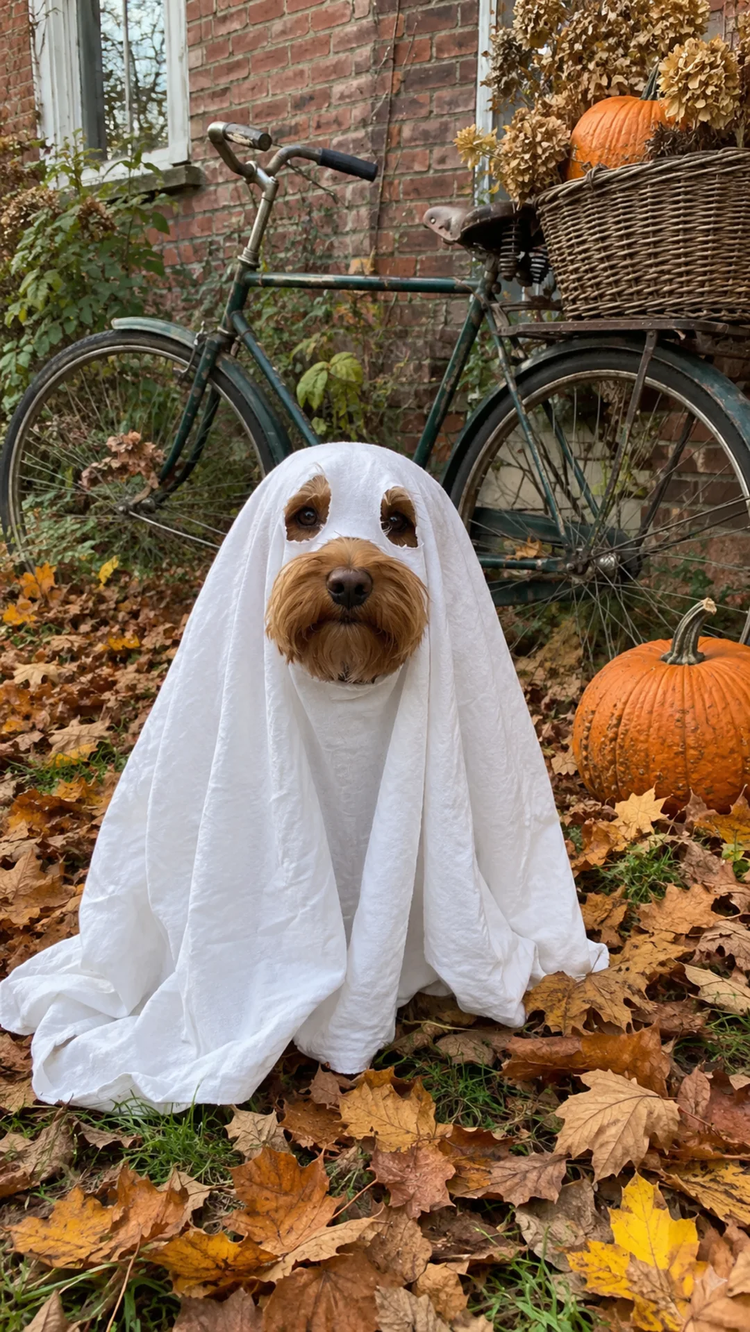 Dog in a ghost sheet costume next to a vintage bicycle