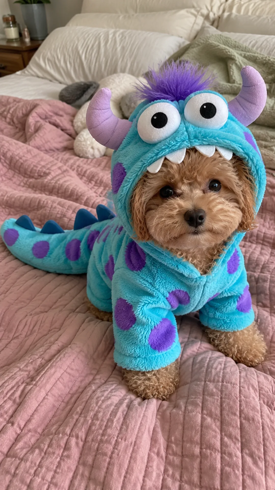 Puppy in a fuzzy blue monster costume with horns and a purple mohawk