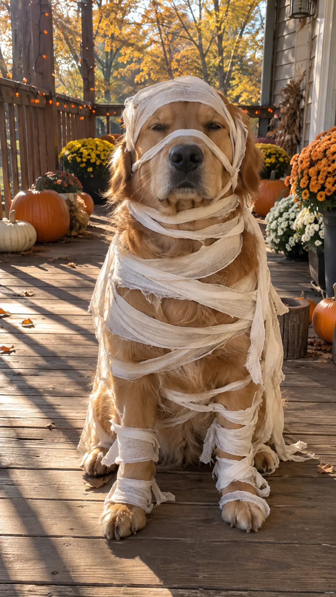 Golden retriever wrapped in a mummy costume on an autumn porch