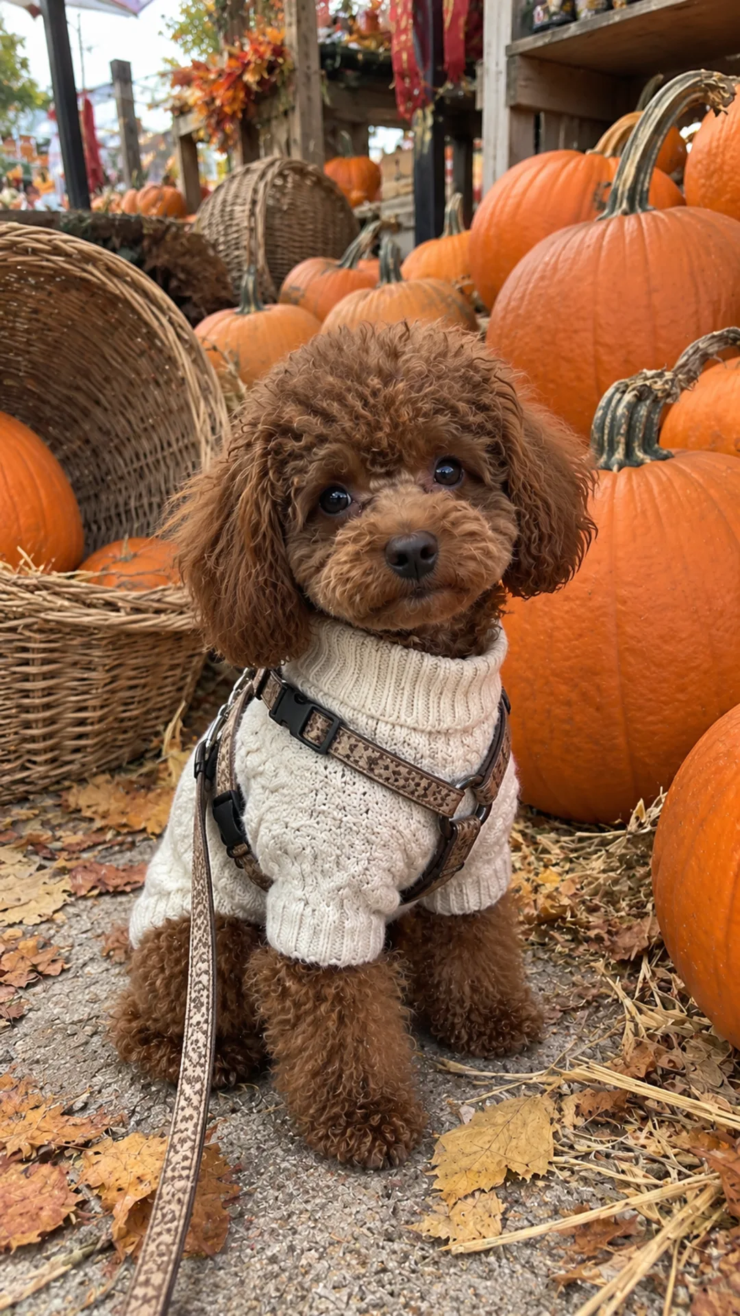 Red toy poodle in a cream cable-knit sweater beside crates of pumpkins