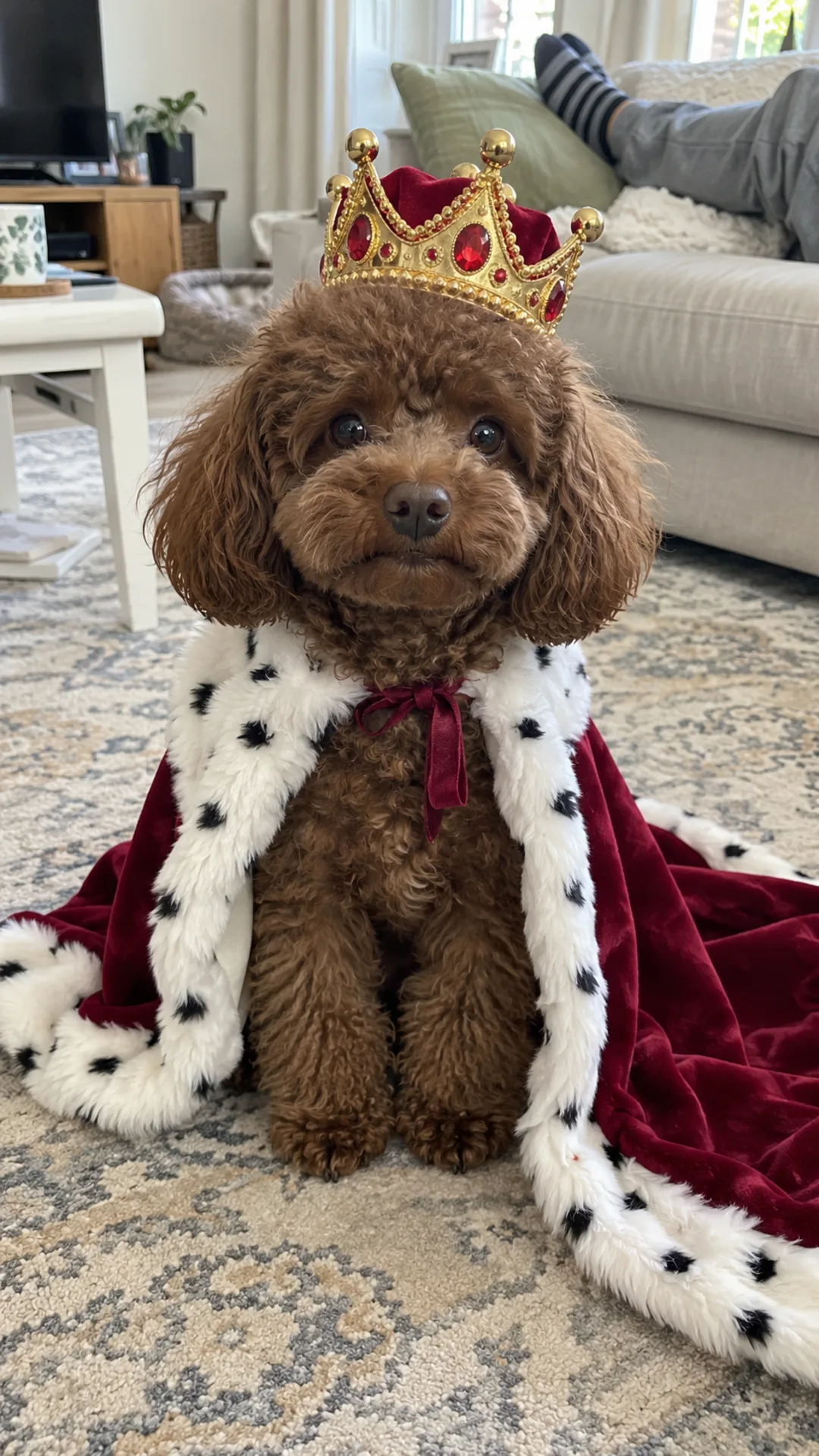 Toy poodle wearing a jeweled crown and a red velvet royal cape