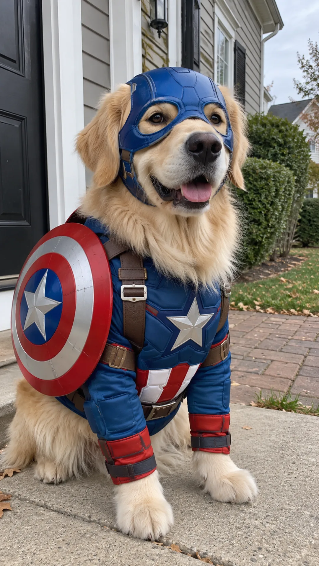 Golden retriever in a patriotic superhero costume with a round shield