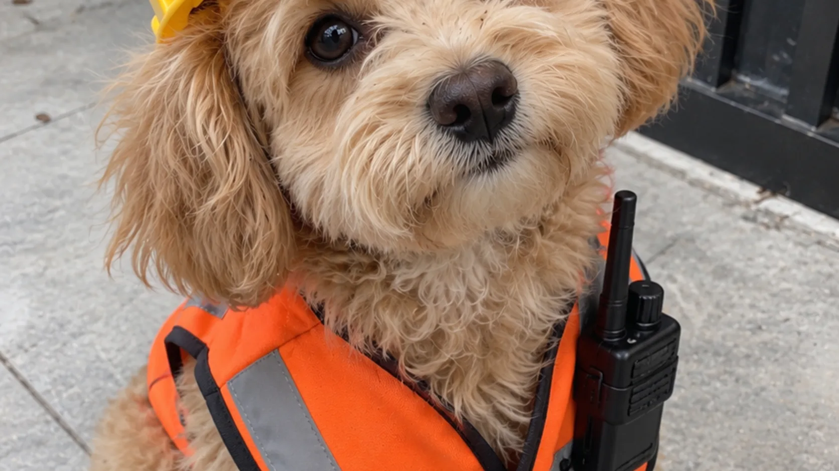 Small curly-haired puppy wearing a yellow hard hat and an orange safety vest
