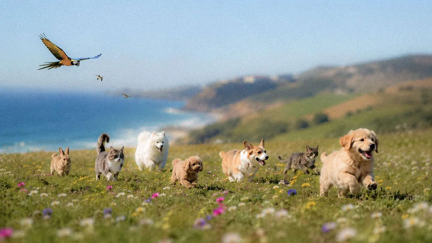 Dogs, cats, and rabbits running together through a field
