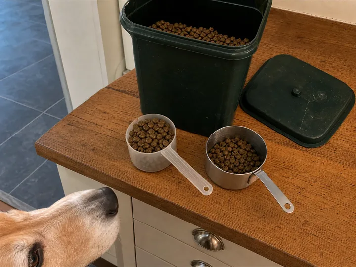 Two different measuring cups filled with unequal portions of dog food beside Oscar's food container